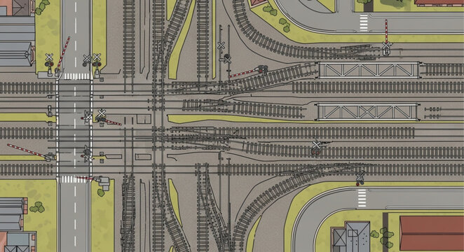 Aerial view of a complex railway and road intersection with a train.