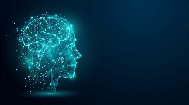 Abstract Digital Human Head with Glowing Brain and Network Connections