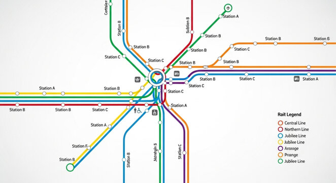Colorful abstract subway map diagram with intersecting lines.
