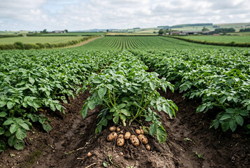 Fototapeta premium Lush potato plants growing in long agricultural field rows
