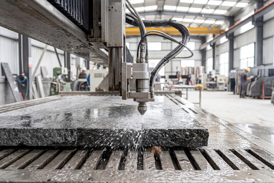 Powerful waterjet machine cutting a large granite slab in a factory