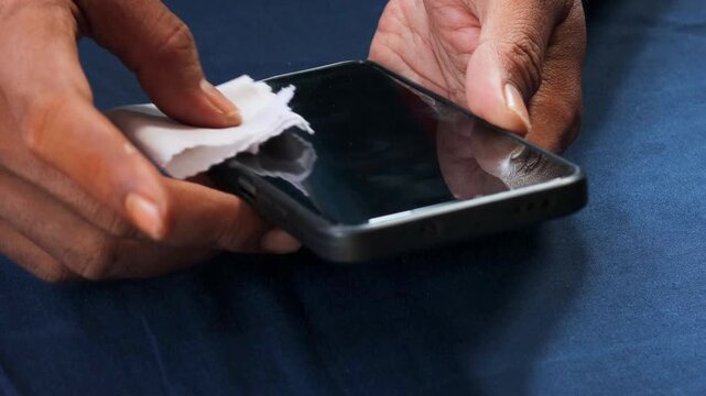 Close-up cropped shot of Asian man hand diligently disinfecting smartphone screen with microfiber cloth, preventing virus transmission and maintaining personal device hygiene.