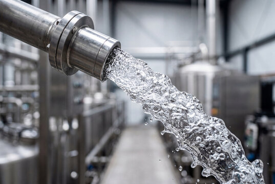 Clear drinking water powerfully exiting a chrome pipe fitting