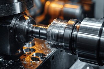 Naklejka premium Close-up of a metal lathe turning a cylindrical workpiece with spiraling metal shavings, conveying precision and intense industrial focus