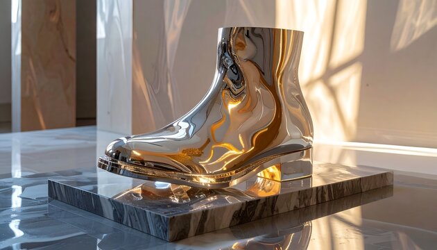 A metallic shiny ankle boot reflecting warm natural sunlight indoors in a quiet minimalist room setting