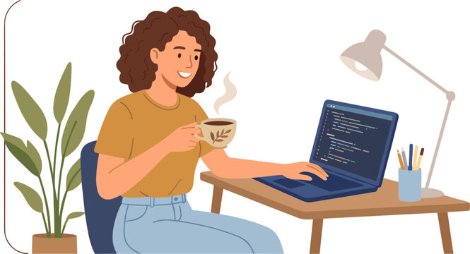 A woman sits at a desk working on her laptop while enjoying a cup of coffee.