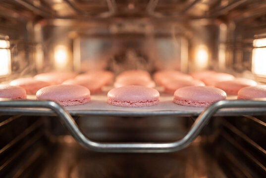 Close-up of pink macarons baking on a metal tray inside an oven with warm light and visible racks, showing the dessert preparation stage in a home or professional kitchen