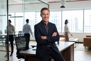 Fototapeta premium Mature businessman leaning on a desk in a modern office