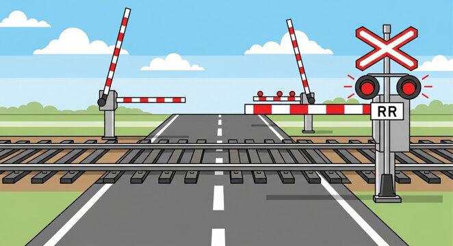 Railway crossing with barriers and signal.