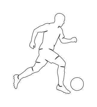 サッカー選手がボールをドリブルする躍動感あふれるモノクロ線画イラスト。スポーツ、運動、フットボールの動きを表現したベクター素材。