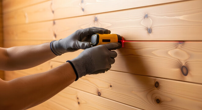 Using a stud finder tool with a laser to locate wall studs for home renovation