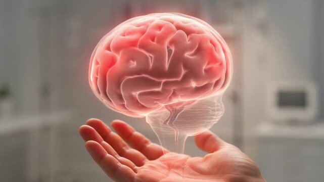 A vibrant red glowing human brain floats above an open hand in a bright, conceptual digital composition.