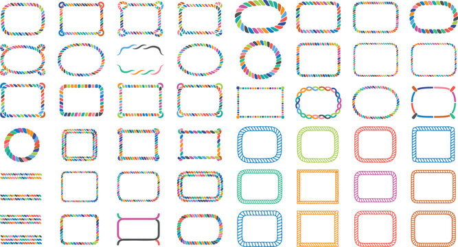 Colorful rope border frames isolated on white background for photo or text