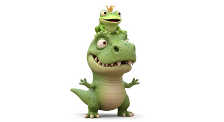 Fototapeta premium A whimsical cartoon illustration featuring a friendly green dinosaur carrying a small, crowned frog on its head, embodying a fun and fantastical duo for children's stories