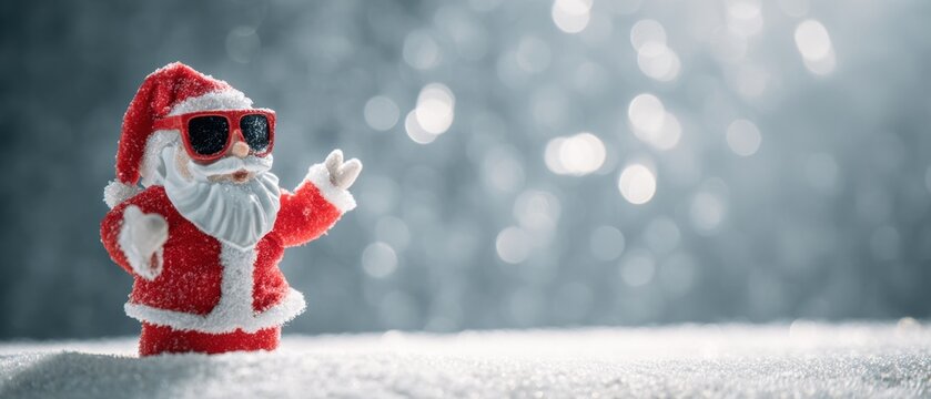 The Santa Claus Figurine Wearing Sunglasses on Snowy Surface with Bokeh Background