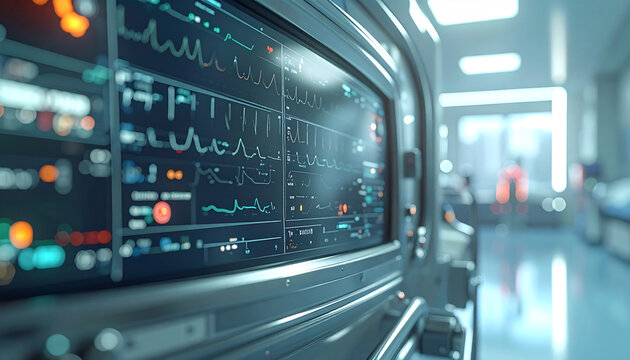 Vital Signs Monitor in Medical Setting: A state-of-the-art vital signs monitor displays intricate readings within a modern hospital environment, representing medical technology and patient care.