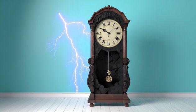 Dramatic photo of a dark vintage wooden wall pendulum clock with powerful lightning strikes background