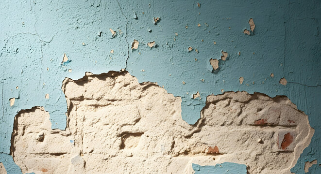 Close-up of a weathered, old wall with vibrant blue paint peeling away to expose rough, crumbling brick texture, highlighting the effects of time and decay on architectural surfaces