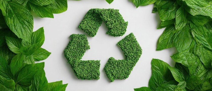The Recycling Symbol of Green Moss Framed by Fresh Mint Leaves on White Background