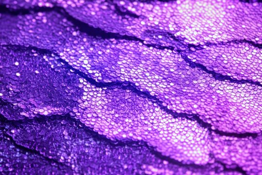 close-up of layered iridescent purple sequin scales with shimmering sparkle and scalloped tactile texture, glamorous and mesmerizing