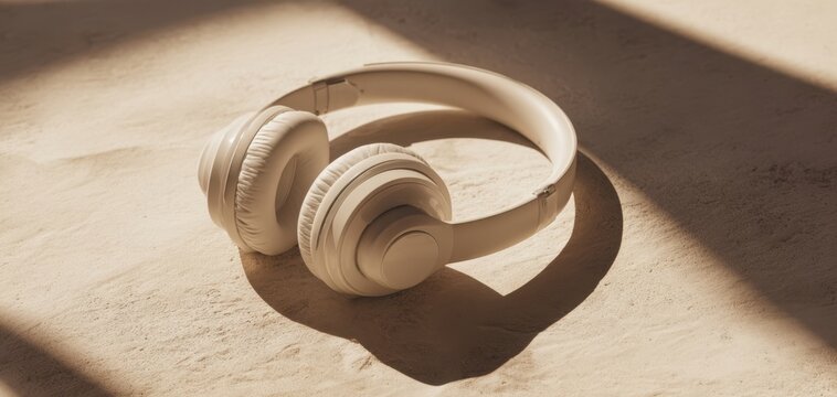 The Headphones Cast Soft Sunlit Shadows on a Minimal Beige Concrete Surface