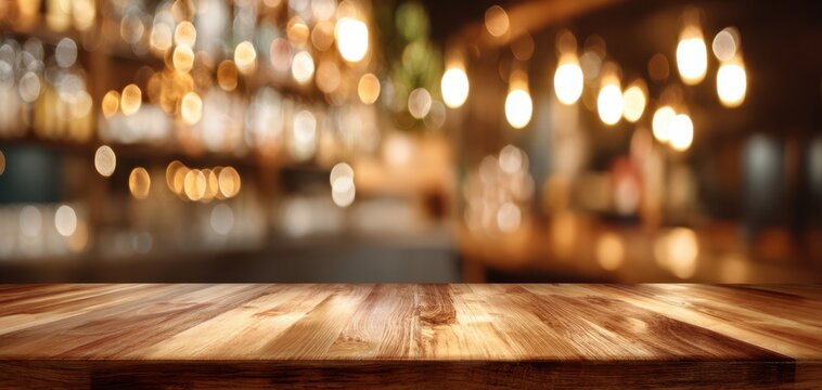 The wooden table in a warm bokeh bar setting ideal for product photography