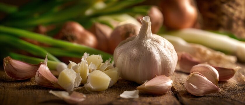 The Garlic Bulb Surrounded by Crushed Cloves and Spring Onions on Rustic Wood