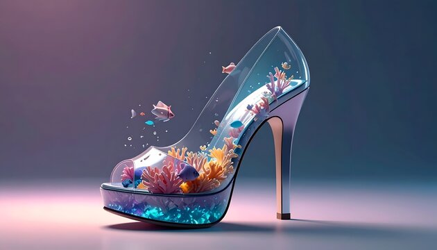 Creative 3D render of a high heel shoe designed as a glass terrarium filled with aquatic plants and coral reef
