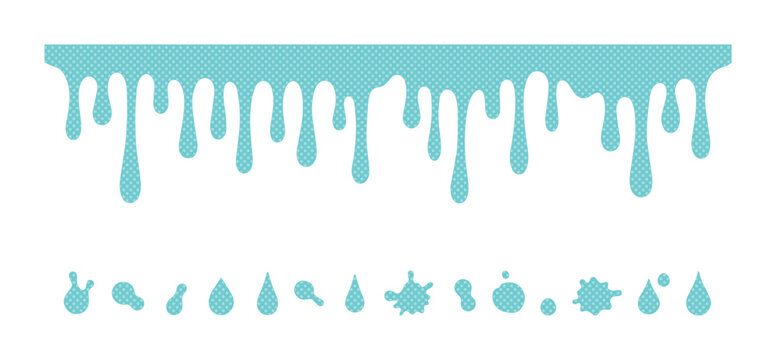 水色の滴る液体と水滴のセット、溶けた氷やペンキを表現するベクターイラスト素材、グラフィックデザインやウェブコンテンツに最適