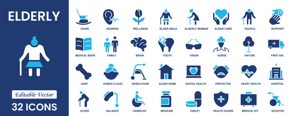 Fototapeta premium Elderly icon set with senior care, aging, healthcare, retirement, nursing, assistance, community, grandfather, assistance symbols. Solid icon collection. Vector illustration.