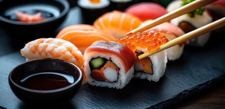 Assorted sushi platter with nigiri and maki rolls topped with salmon roe, chopsticks lifting a piece over a slate plate with soy sauce, shrimp and salmon nigiri, pickled ginger, fresh and appetizing