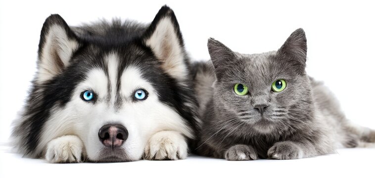 The Husky and Gray Cat Lying Side by Side on White Background Closeup Portrait