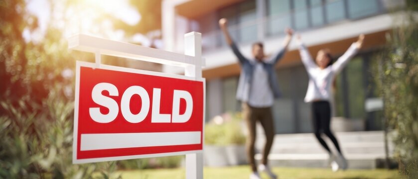 The Sold Sign in Front of a New Home with Joyful Buyers Jumping