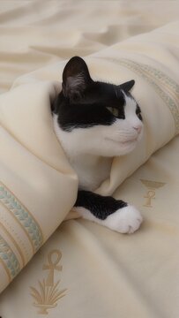 Cute black and white tuxedo cat wrapped in luxury cream fabric with Egyptian gold symbols, funny pharaoh cat concept, elegant pet portrait