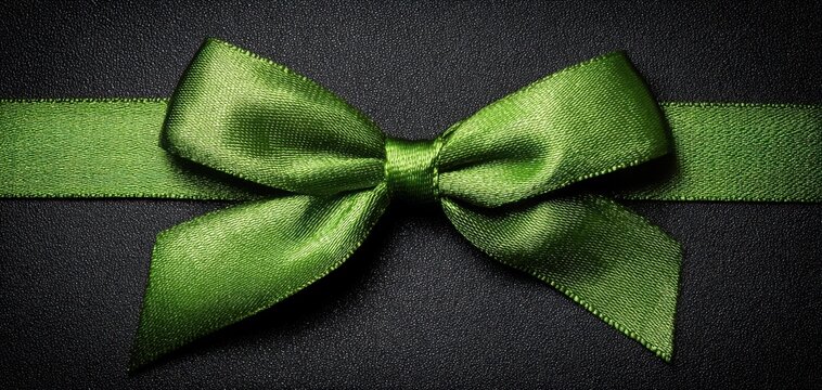 The green satin bow on black textured background for elegant gift wrapping presentation