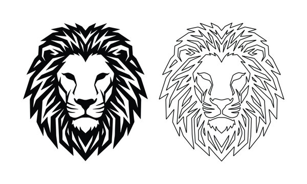 力強く威厳のあるライオンの頭部、たてがみが特徴的なベクターイラストセット。エンブレムやロゴデザインに最適な、黒一色のシルエットとアウトラインの2種類。