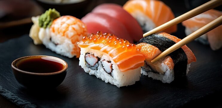 assorted sushi with salmon, tuna, shrimp and fish roe on black slate, chopsticks lifting a roe-topped roll, soy sauce bowl, wasabi and pickled ginger, fresh and appetizing