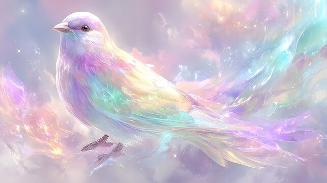 虹色に輝く幻想の鳥と光の羽　ドリーミーなファンタジーアート