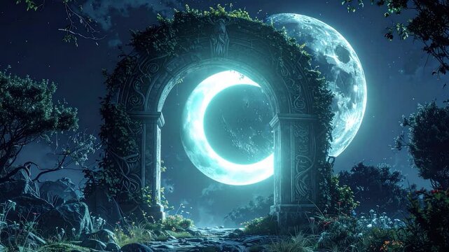 An ancient stone archway framing a glowing moonlit crescent, with foliage