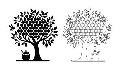 ミツバチとハチの巣が実る木、蜂蜜の壺とスプーンが添えられた自然の恵みを感じさせるモノクロベクターイラストセット。養蜂、オーガニック食品、自然派ライフスタイルを象徴するデザイン素材。 © AnilaStudio