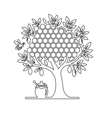 ミツバチとハチの巣が描かれた木、蜂蜜の壺とスプーンが添えられた自然の恵み、シンプルな線画ベクターイラスト、塗り絵やロゴデザインに最適な養蜂のシンボル。