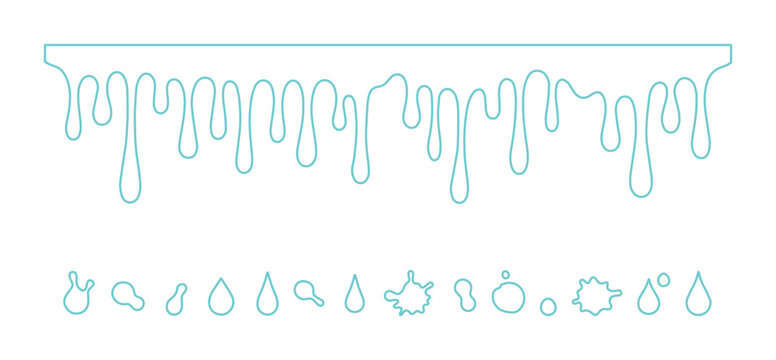 水滴と液体の流れ、ミニマルな水色のアウトラインベクターイラストセット。溶ける氷や雨、液体表現に最適なグラフィック素材、ウェブデザインやアイコンに。