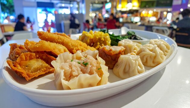 Assorted Dim Sum Platter Featuring Crispy Fried Wontons and Steamed Har Gow Dumplings