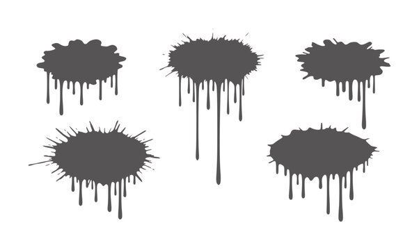 Five dark grey ink splatters with dripping effect white paint splash