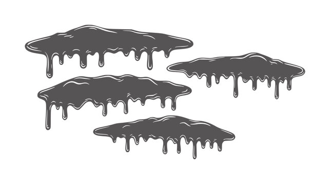 Four dark grey blobs of liquid dripping down white