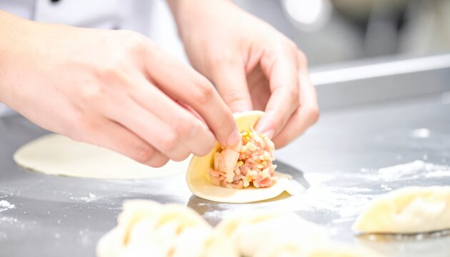 Close up of a chef's hands expertly pleating a delicate dumpling wrapper filled with savory ingredients in a culinary setting