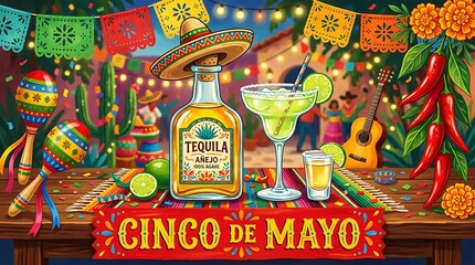 Fototapeta premium Festive cinco de mayo May 5, federal holiday in Mexico celebration with tequila, margarita, maracas, and chili peppers