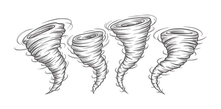 Four swirling grey tornado a white twister storm weather wind