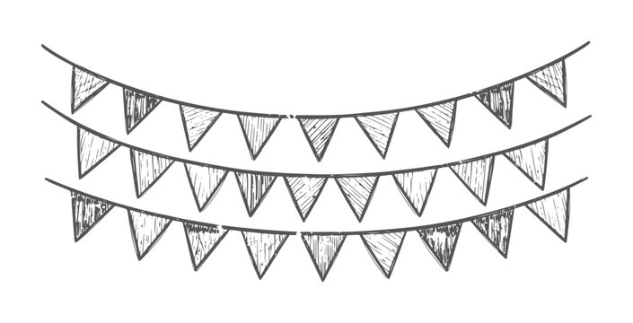 Hand drawn grey pennant banner strings white handdrawn