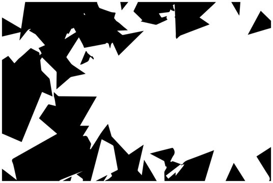 Jagged shattered polygon abstract forms with sharp asymmetrical edges creating a dynamic fragmented pattern against a stark white background evoking chaos and deconstruction
